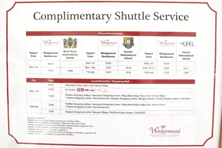 Wedgewood Residences complimentary shuttle schedule to international schools and Kuala Lumpur shopping malls.