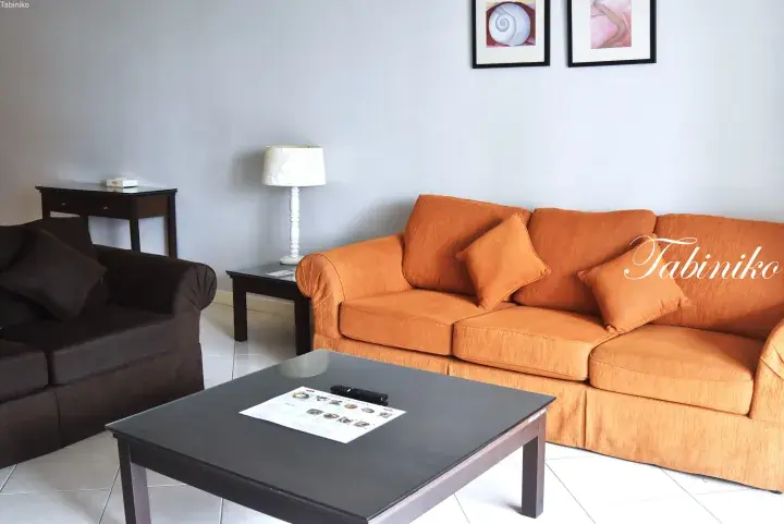 Cozy living room with an orange sofa, dark brown couch, and coffee table featuring a menu, likely in a serviced residence.