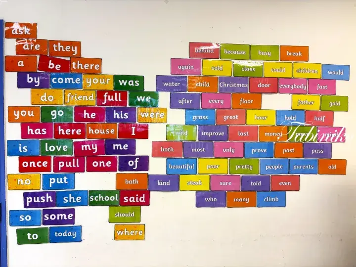 Colorful word tiles arranged on a whiteboard for an English learning activity in a Malaysian classroom setting.