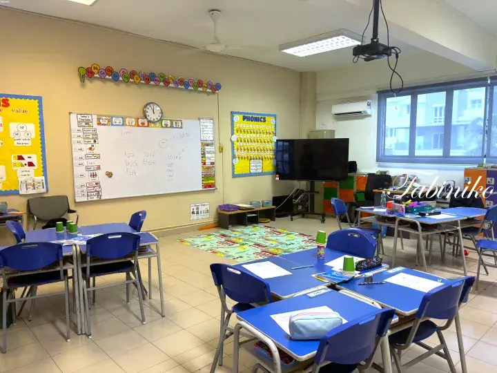 Bright primary school classroom with blue desks, alphabet wall decorations, and a whiteboard showing phonics lessons.