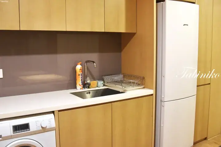 Compact kitchen with light wood cabinets, white countertop, sink, washing machine, and refrigerator.