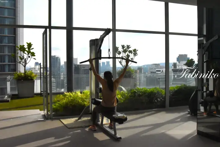 Woman exercising on a lat pulldown machine in a modern gym with panoramic city views through floor-to-ceiling windows.