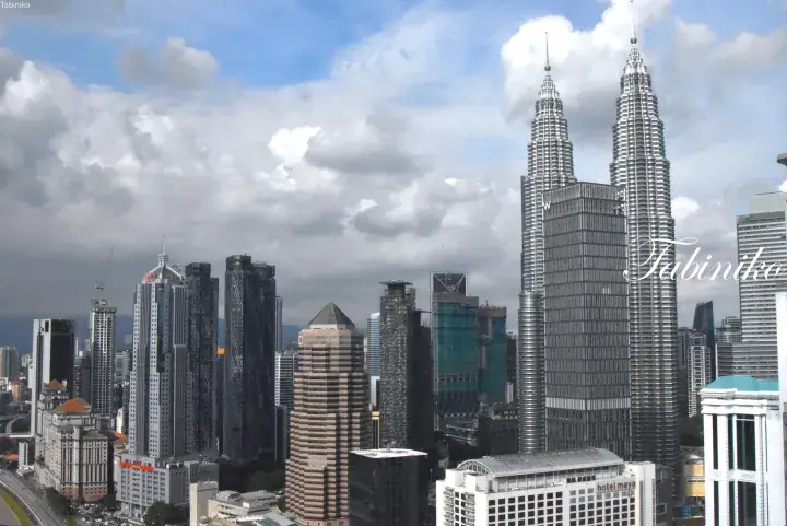 Kuala Lumpur skyline featuring the iconic Petronas Twin Towers and surrounding modern skyscrapers under a cloudy sky.