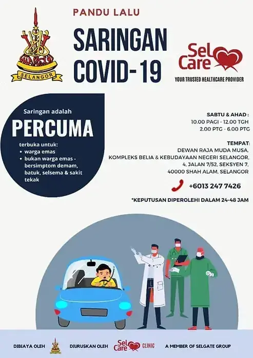 Selangor COVID-19 screening poster with free drive-through info and medical staff illustration