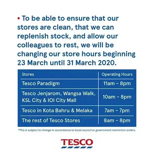 Tesco Malaysia store hours announcement for March 2020, listing operating times for Paradigm, Wangsa Walk, KSL City, IOI City Mall, Kota Bharu, Melaka, and other locations.