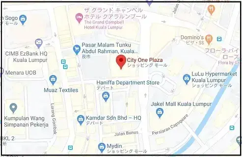 Map showing City One Plaza location near Pasar Malam Tunku Abdul Rahman and Jakel Mall Kuala Lumpur.