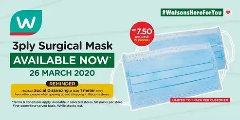 Watsons 3ply surgical mask advertisement showing blue masks, price RM7.50, and social distancing reminder.
