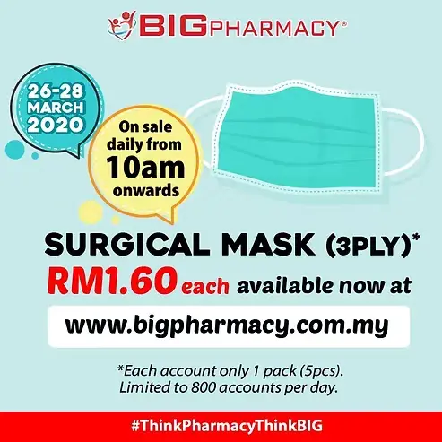 BIG PHARMACYの3層手術用マスクが2020年3月26日から28日まで1枚RM1.60で販売されるプロモーション広告