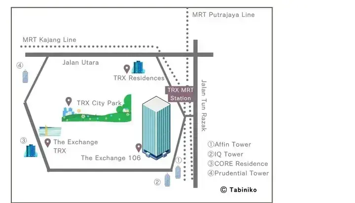 顯示TRX MRT站、The Exchange 106、TRX City Park、Jalan Tun Razak和MRT線路等周邊地標的地圖。