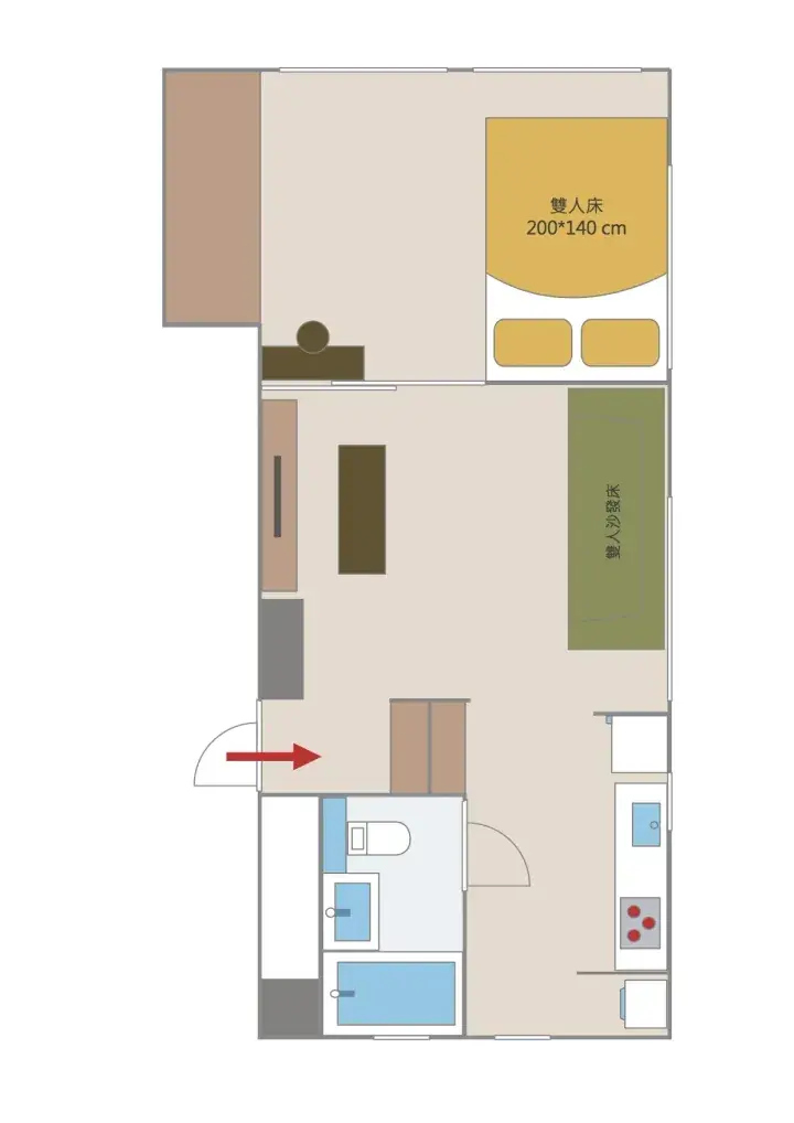 Floor plan showing a double bed, sofa bed, bathroom, and kitchen area with an entrance arrow.