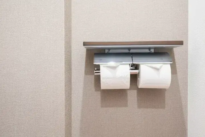 ホテルのバスルームに設置された、2つのトイレットペーパーを収納するモダンな壁掛けホルダー。