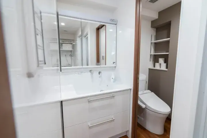 Modern bathroom with white vanity, mirror cabinet, and separate toilet area with built-in shelves.