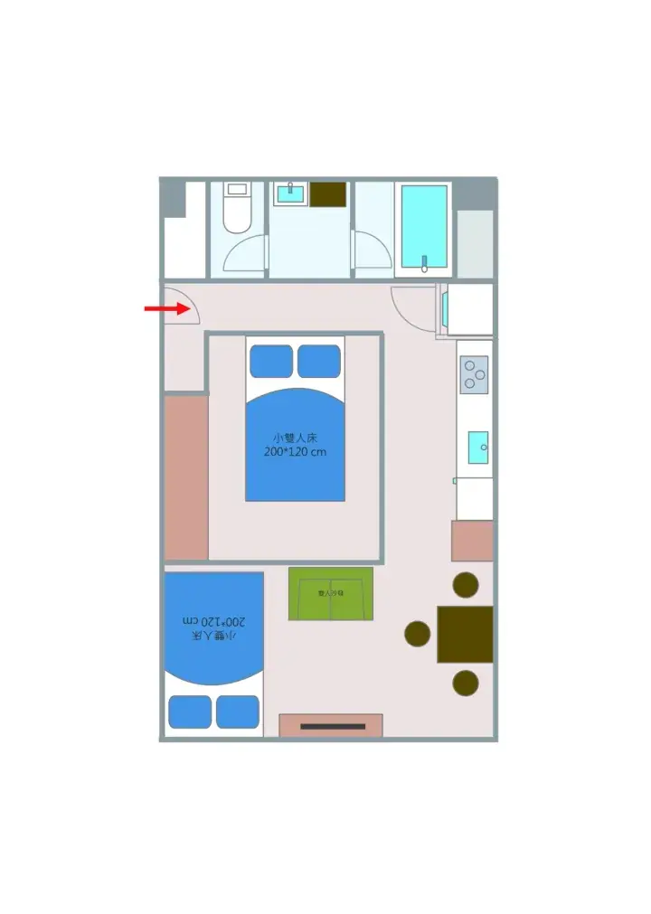 Floor plan showing a bedroom with a double bed, a living area, and a bathroom with a shower and toilet.
