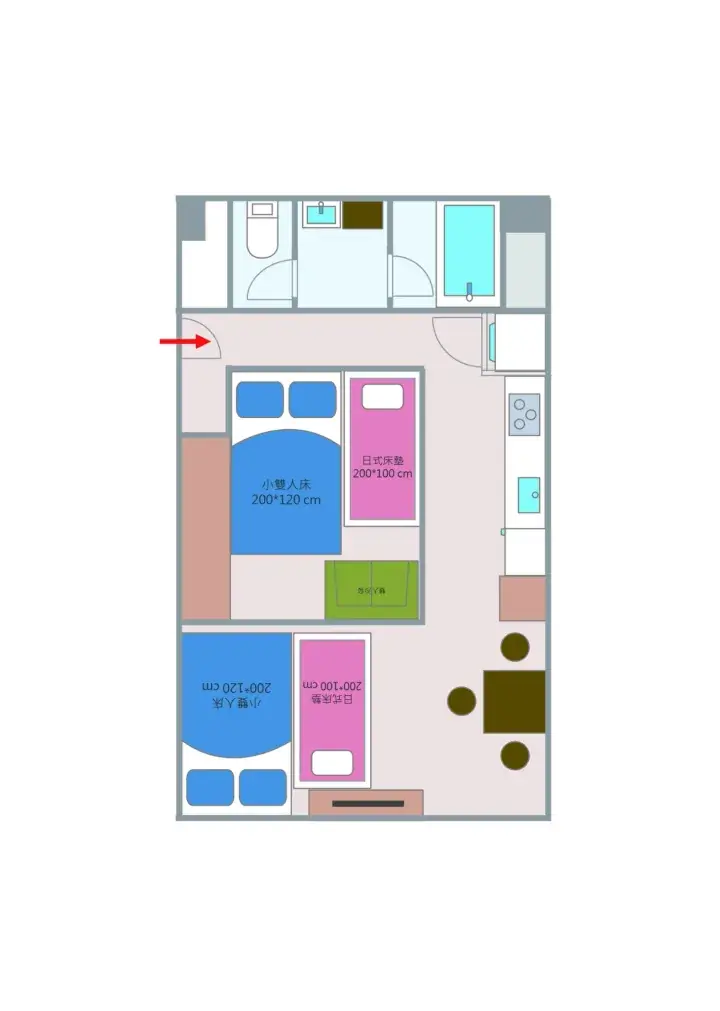 Floor plan showing a bedroom with a double bed and Japanese-style futon, plus a bathroom with a toilet, sink, and shower.