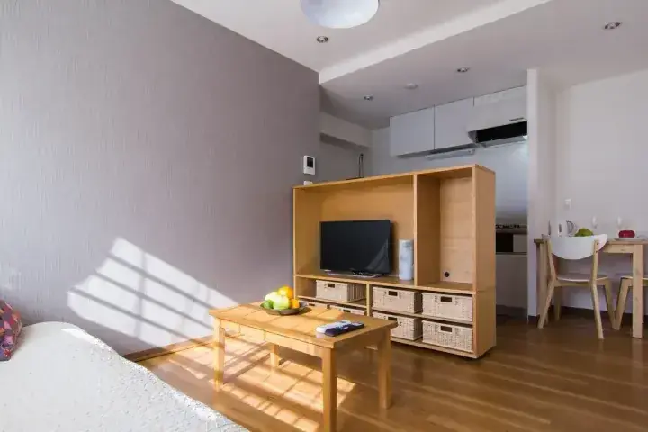 木製家具とテレビ台、背景にダイニングエリアが見える明るいモダンなアパートのリビングルーム。