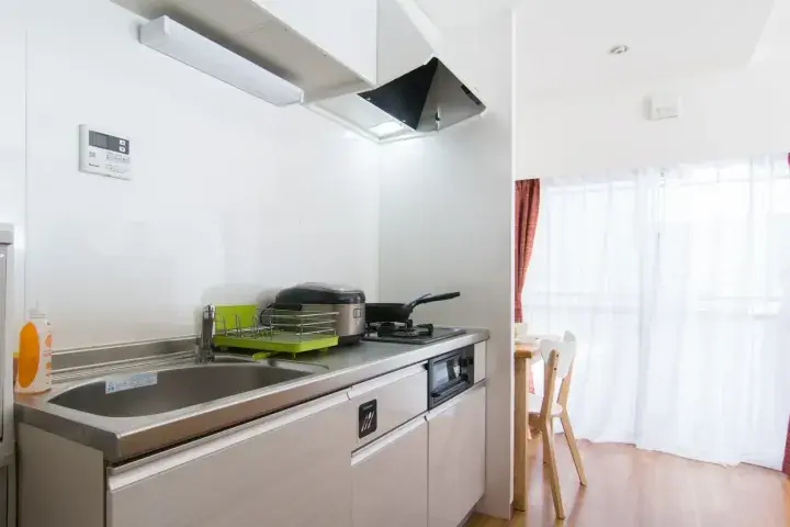 Modern compact kitchen with stainless steel sink, rice cooker, and black range hood in a bright apartment.