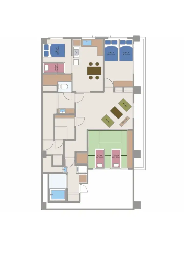 Floor plan showing a spacious apartment layout with a living area, kitchen, multiple bedrooms, and a balcony.