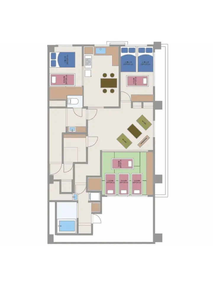 Floor plan showing a spacious layout with multiple bedrooms, a living area, kitchen, and bathrooms.
