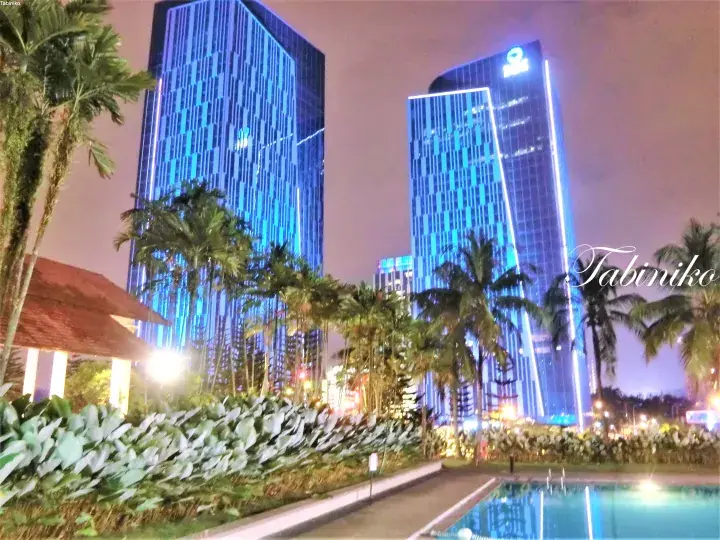 プトラジャヤのIOI City Mallの青く光る高層ビルとパームツリー、プールが映える夜景。