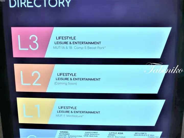 Directory sign showing L3, L2, and L1 levels with lifestyle and entertainment tenants including Mutiara 1A & 1B Camp 5 and MinNature.