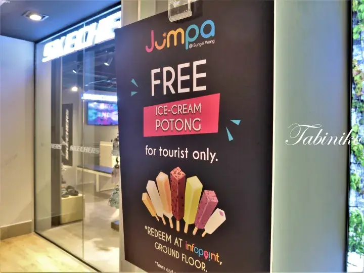 Jumpa ice cream promotional poster offering free Potong ice cream for tourists at Sungei Wang Plaza.