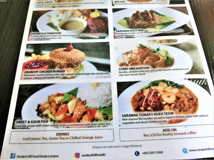 Menu from Verdant Hill Hotel Kuala Lumpur featuring dishes like Pesto Pasta, Mee Sua, and Sarawak Kolo Mee with prices in Malaysian Ringgit.