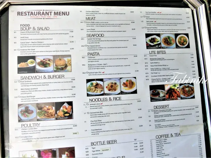 Restaurant menu displaying sections for food, soup, salad, meat, seafood, pasta, noodles, rice, and desserts with accompanying food images.