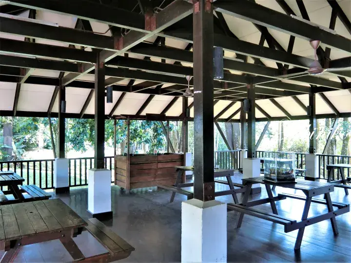 Spacious open-air pavilion with wooden picnic tables and pillars, overlooking a lush green garden.