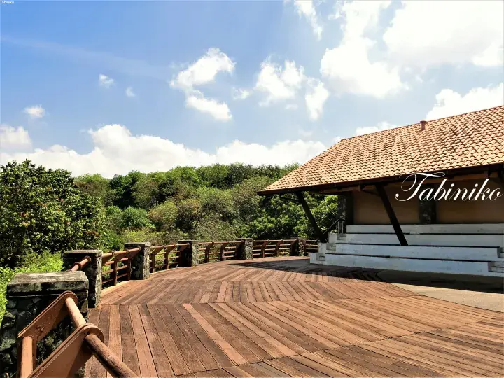 Wooden deck and pavilion at Tabiniko overlooking lush green forest under a blue sky