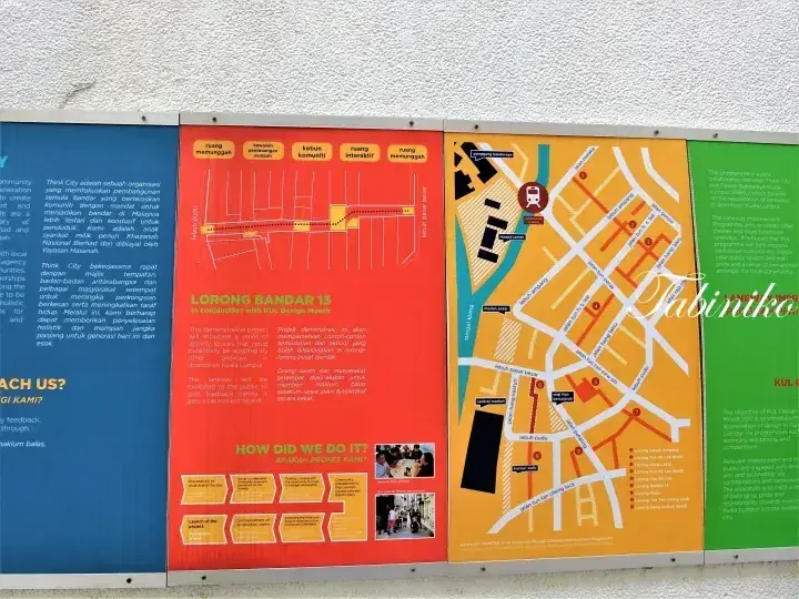 Lorong Bandar 13プロジェクトの詳細、地図、コミュニティ参加プロセスを示す情報掲示板。