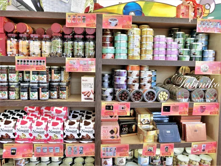 Shelves stocked with Beryl’s chocolate and nougat products in a Malaysian specialty store.