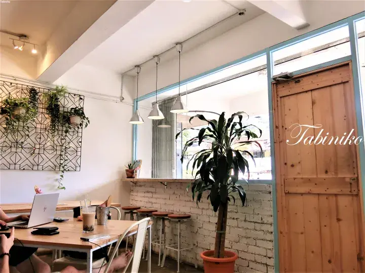 Bright cafe interior with wooden table, laptop, drinks, hanging lights, and a large potted plant near a window.
