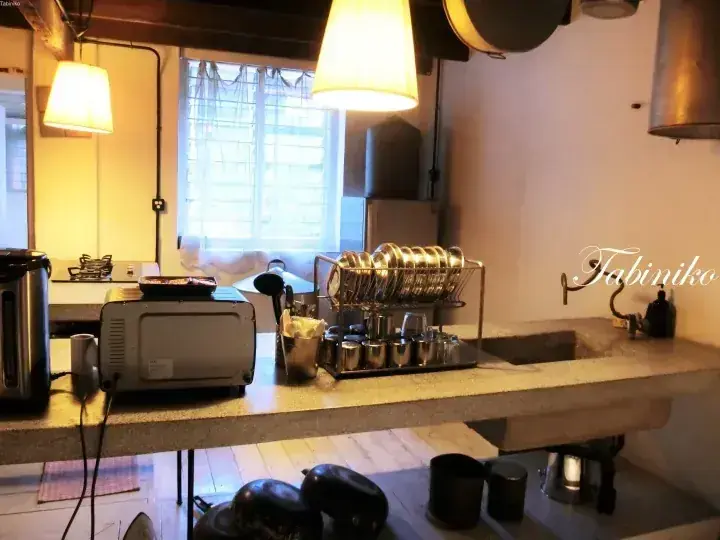 Modern kitchen with a concrete countertop, dish rack, and pendant lights, featuring the Fabiniko logo.