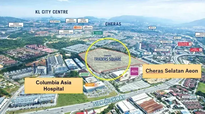 Aerial map showing Cheras Traders Square location near Columbia Asia Hospital and Cheras Selatan Aeon.