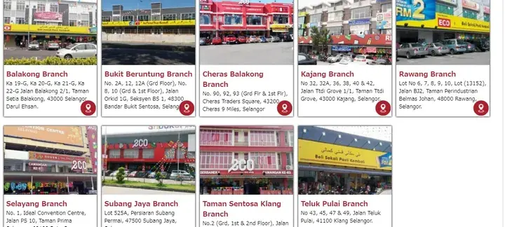 マレーシアの200 Expressの複数の支店(バランゴン、チェラス、スバンジャヤなど)を示す9枚の画像グリッド。