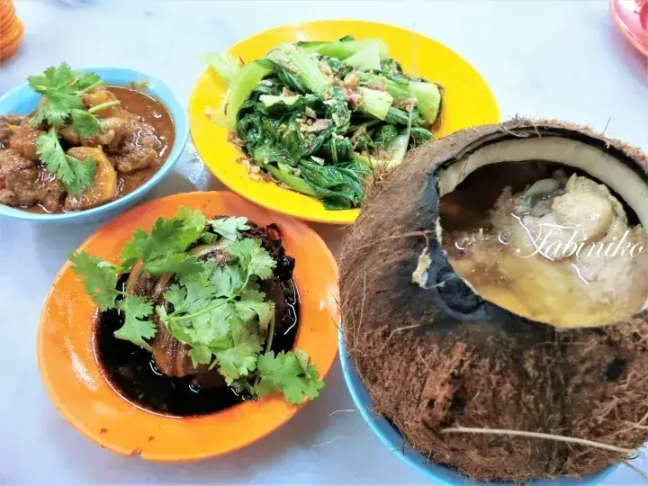A spread of Malaysian dishes including coconut chicken soup, braised pork, curry, and stir-fried vegetables on colorful plates.