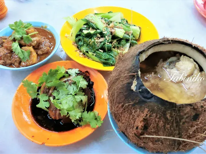 ココナッツチキンスープ、煮込み豚肉、カレー、炒め野菜など、カラフルな皿に盛られたマレーシア料理の盛り合わせ。