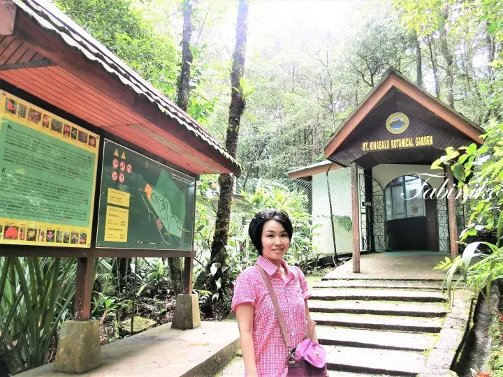 A woman stands smiling near the entrance to the Mt Kinabalu Botanical Garden, with an information board visible in the lush forest.