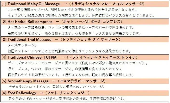 List of six massage services including Traditional Malay Oil Massage, Hot Herbal Ball Compress, and Traditional Thai Massage with Japanese descriptions.