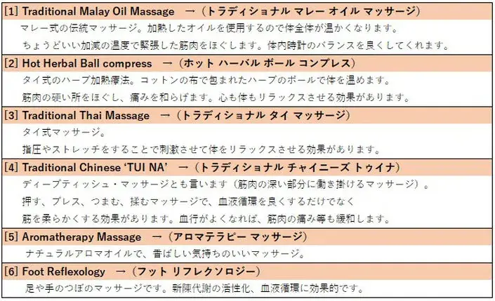 マレー式オイルマッサージやタイ式マッサージなど、6つのマッサージサービスと日本語の説明を記載したリスト。