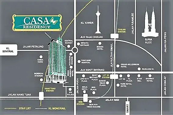 KLセントラル、KLタワー、スリアKLCCの近くにあるCasa Residencyの交通ルート付き位置地図。
