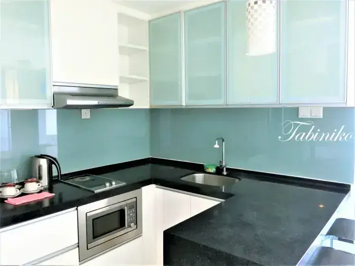 Modern kitchen with frosted glass cabinets, black countertops, and a built-in microwave.