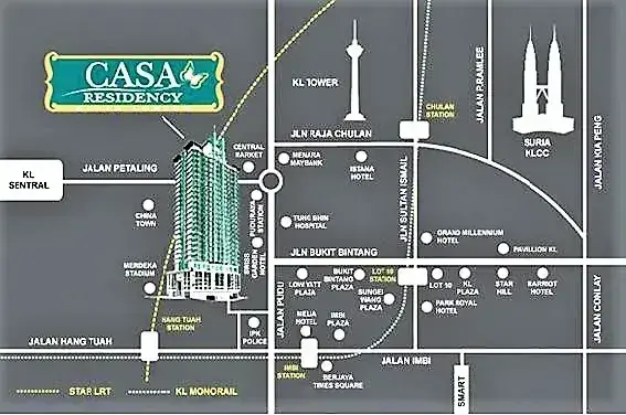 Location map showing Casa Residency near KL Sentral, KL Tower, and Suria KLCC with transit routes.