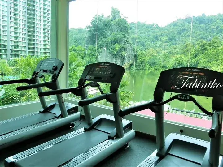 Three treadmills in a gym overlooking a lake and lush greenery at Tabiniko Resort.
