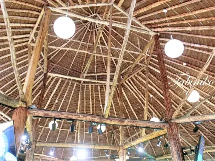High wooden ceiling with thatched roof beams and modern spherical lights in a rustic Malaysian venue