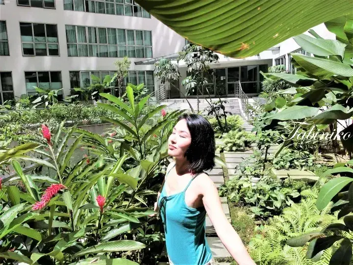 Woman enjoying the lush greenery and tropical plants at the Sunway Resort Hotel & Spa&rsquo;s indoor garden.
