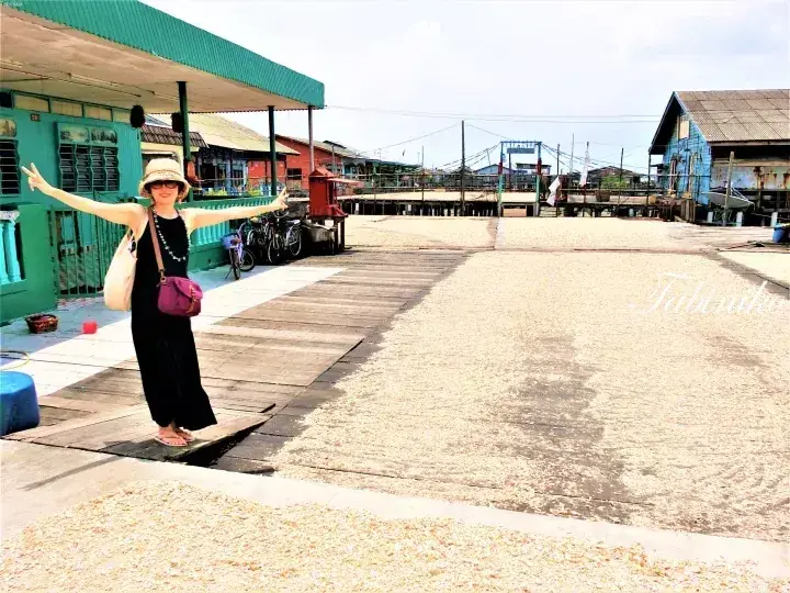 Woman in a straw hat poses with open arms on a wooden walkway beside drying rice fields in a Malaysian kampung.