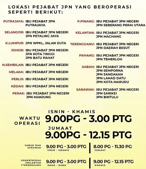 List of JPN office locations across Malaysia states and their operating hours from Monday to Friday.