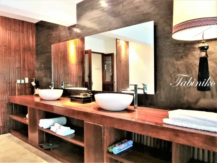 Luxury bathroom vanity with dual white vessel sinks, wooden countertop, and large mirror at Tabiniko resort.