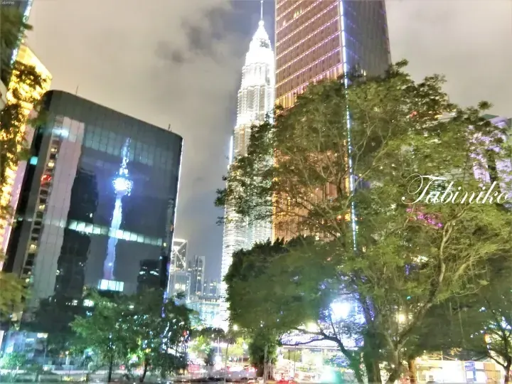 Petronas Twin Towers illuminated at night in Kuala Lumpur, viewed through trees with surrounding skyscrapers.
